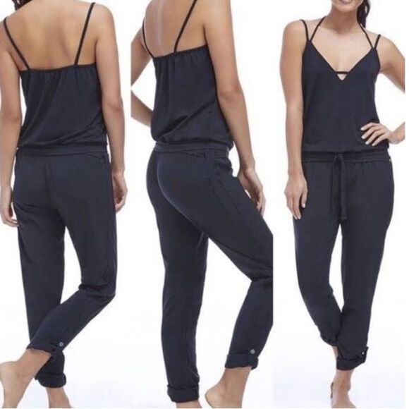 Fabletics Jumpsuit Black Tie Waist jumper Sleeveless Halter Cuffed roll up ankle - Picture 1 of 8